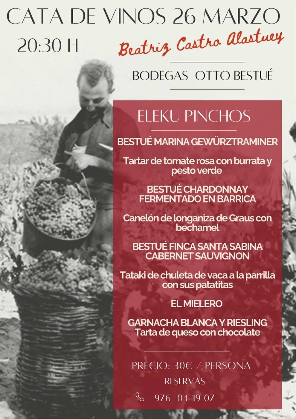 Cartel de la cata de vinos del 26 de marzo con Bodegas Otto Bestué