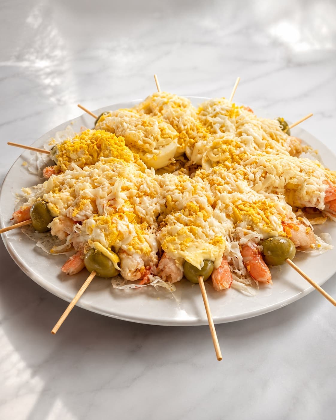 Brocheta de langostino, huevo y mayonesa