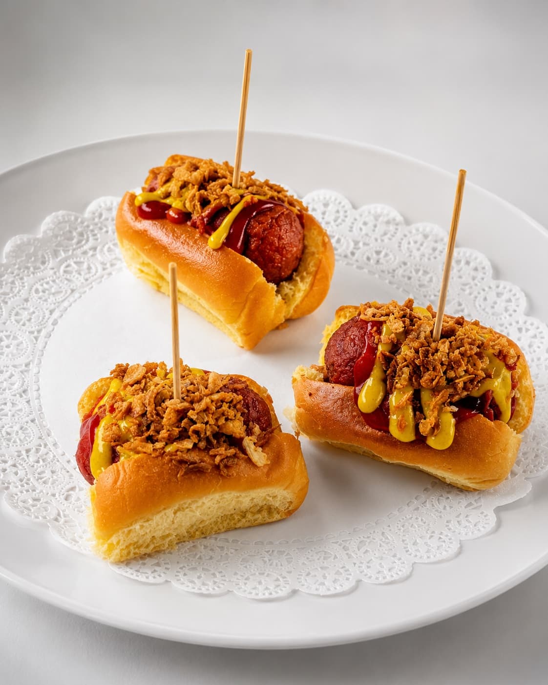 Mini hot dog en pan brioche con cebolla crujiente